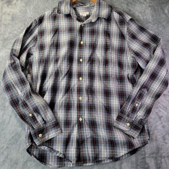 Merona Men’s Plaid Button Up Shirt L Gray Red Long Sleeve Casual Flannel Look - Picture 1 of 10